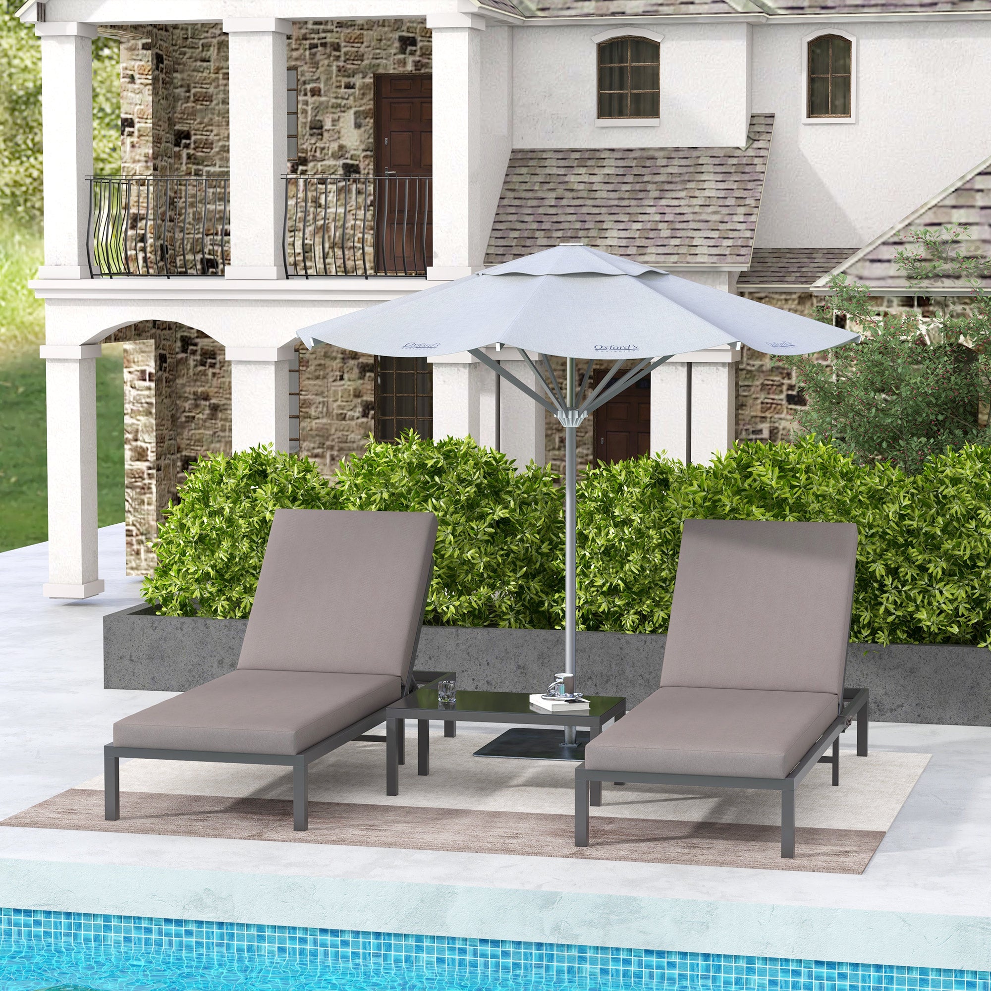 Modular Outdoor Garden Furniture Set, Comfortable Sun Lounger with Removable Mattress, Aluminum Frame, Multi-Position Adjustable Reclining + Tempered Glass Coffee Table, Gray