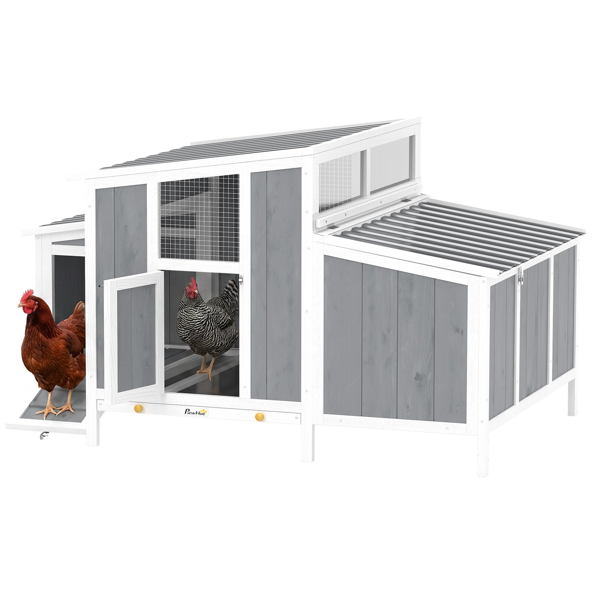 Wooden Chicken Coop with Run, 57.1 x 35.4 x 36.2 in — Elevated Weatherproof PET Roof, Lockable Doors, Nesting Box & Roosts for 3–4 Hens, Gray