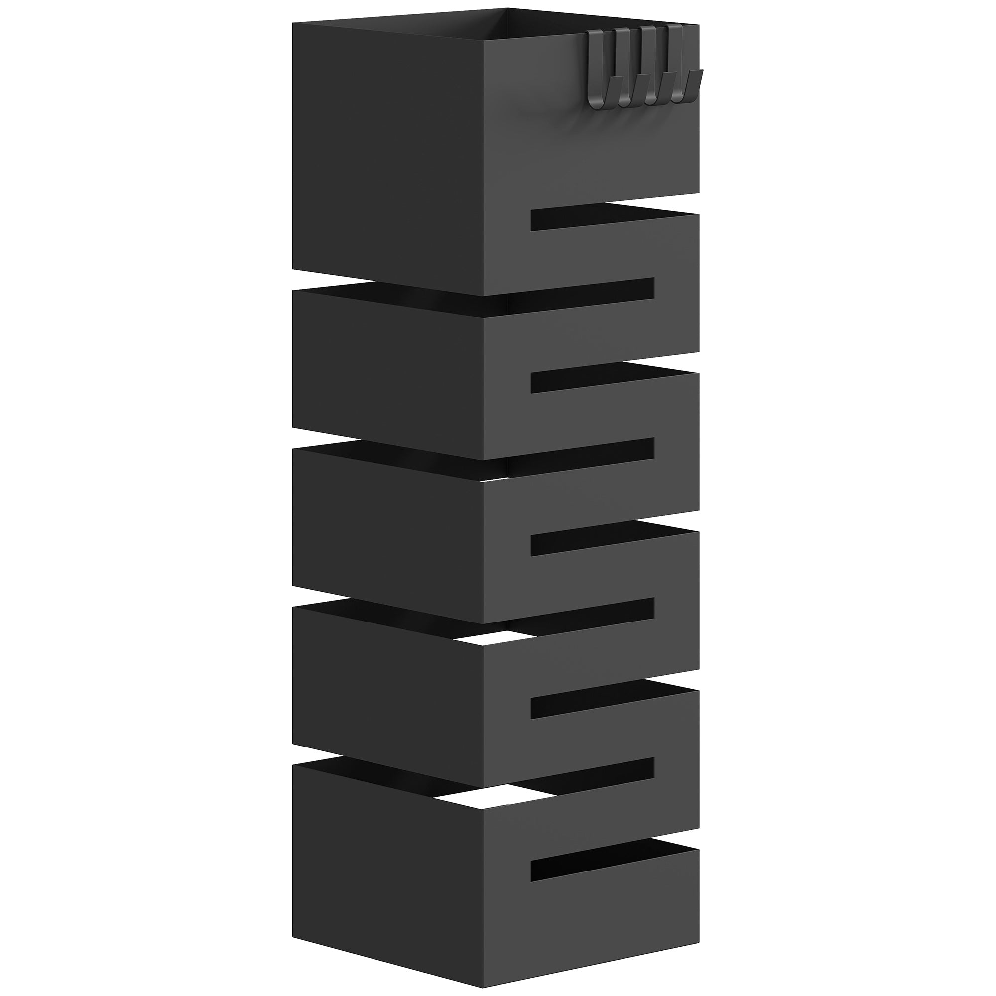 Metal Umbrella Stand, Square Holder with Removable Drip Tray & 4 Hooks, for Entryway, 15.5 x 15.5 x 49 cm (6.1 x 6.1 x 19.3 in), Black