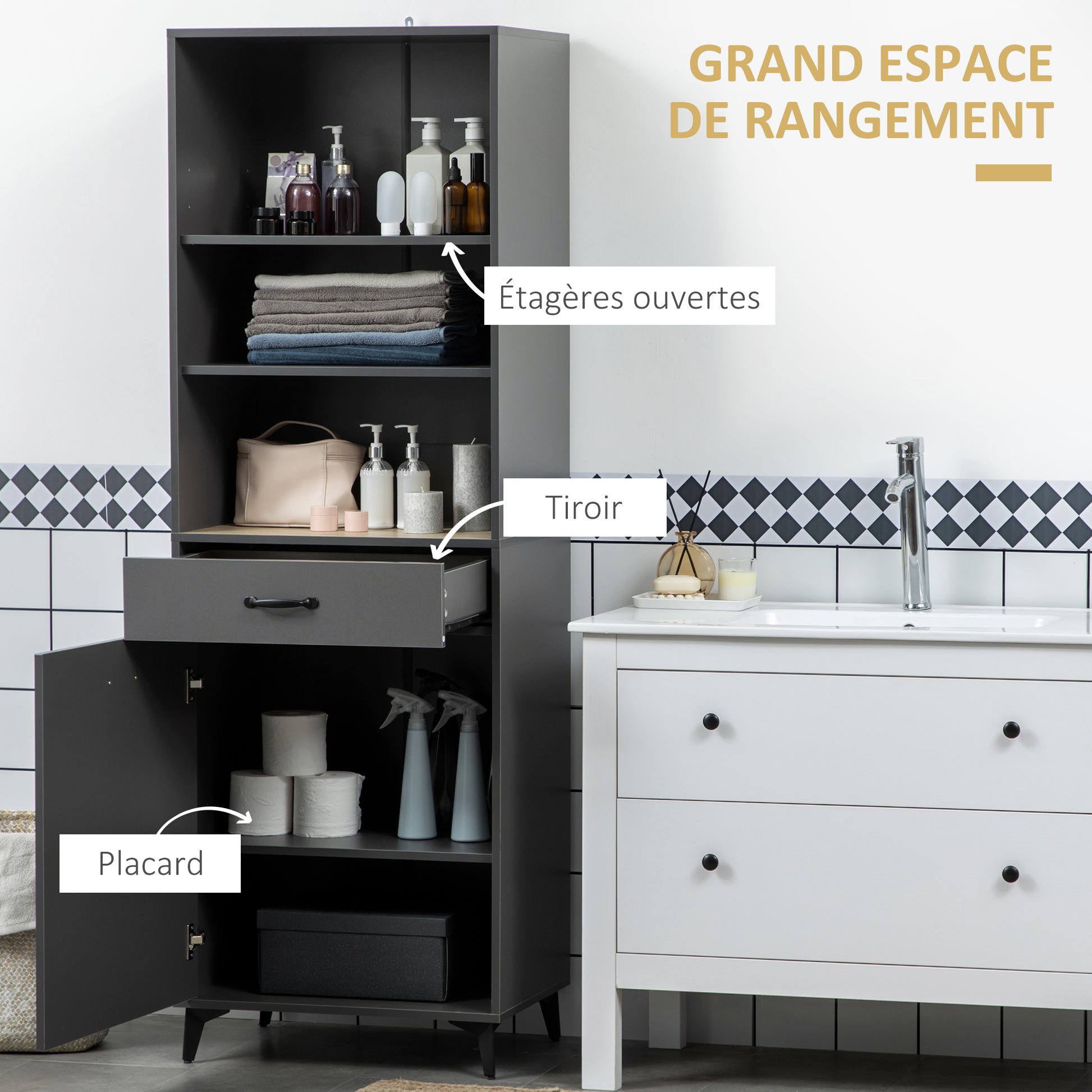 Kitchen Buffet Cabinet Storage Unit 180 cm for Kitchen Living Room Bathroom Industrial Design - Black Metal Legs Gray Wood