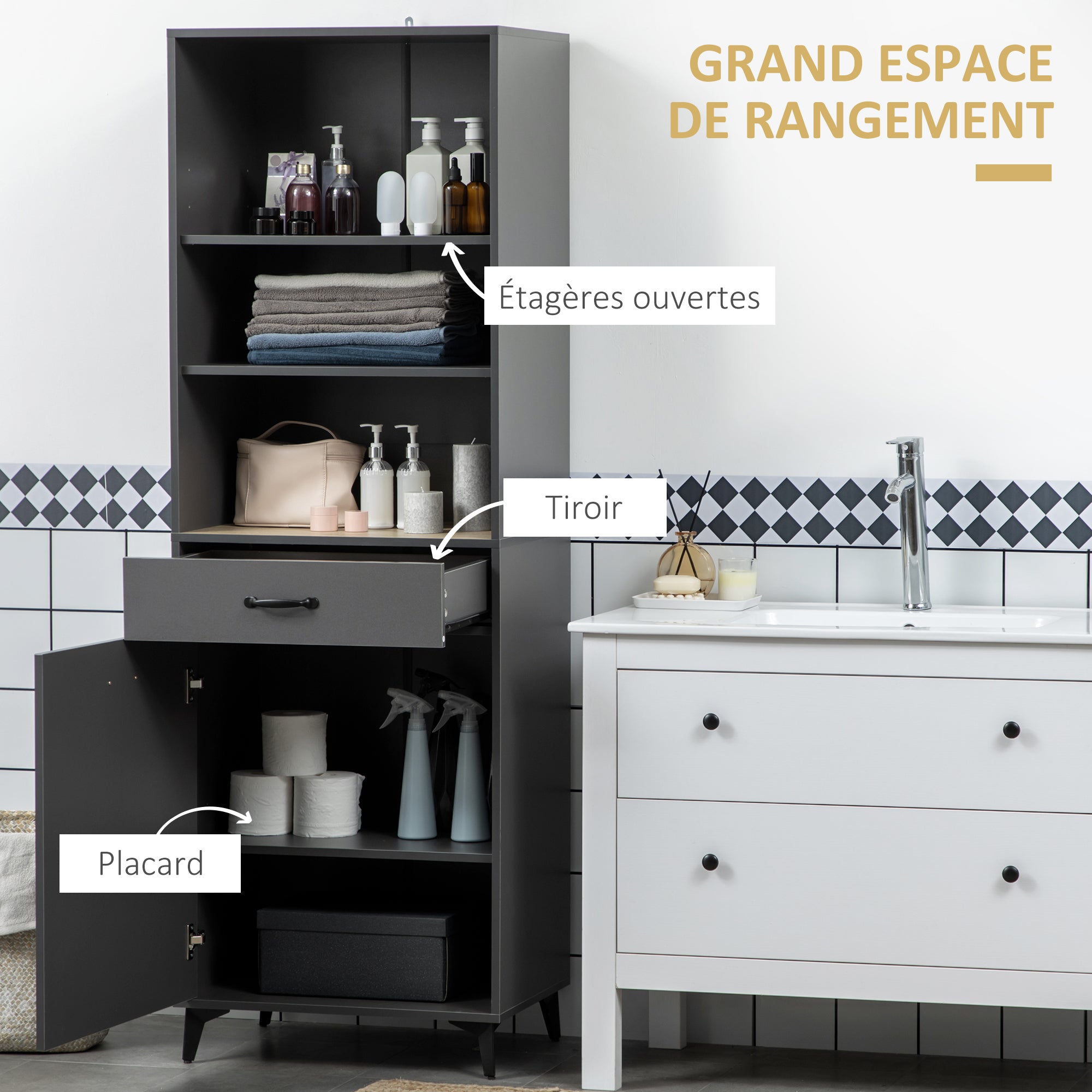Kitchen Buffet Cabinet Storage Unit 180 cm for Kitchen Living Room Bathroom Industrial Design - Black Metal Legs Gray Wood