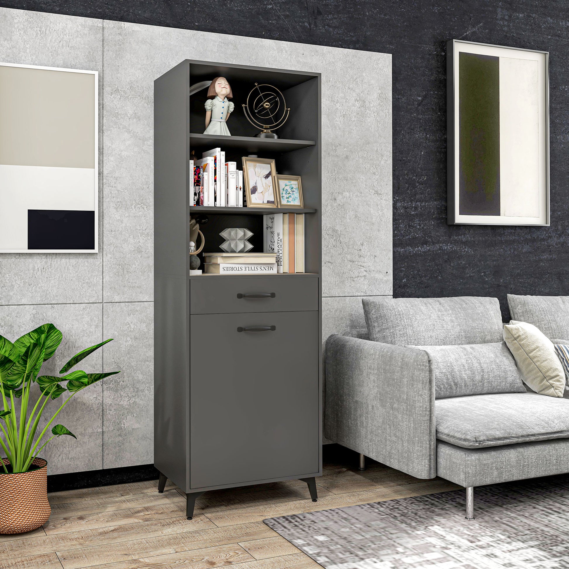 Kitchen Buffet Cabinet Storage Unit 180 cm for Kitchen Living Room Bathroom Industrial Design - Black Metal Legs Gray Wood