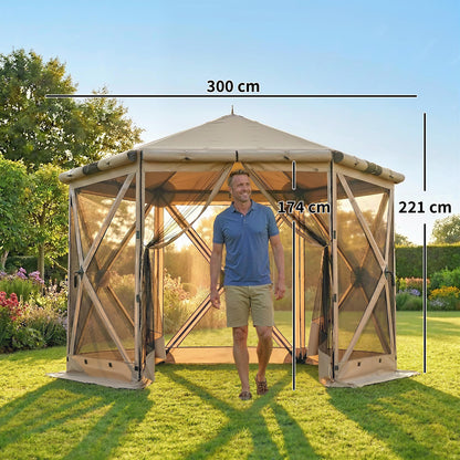 3.0 m x 2.6 m Hexagonal Pavilion with Floor Mat, Mesh Side Panels & Carry Bag — Waterproof, UV-Resistant Party Tent for Garden & Patio, Khaki