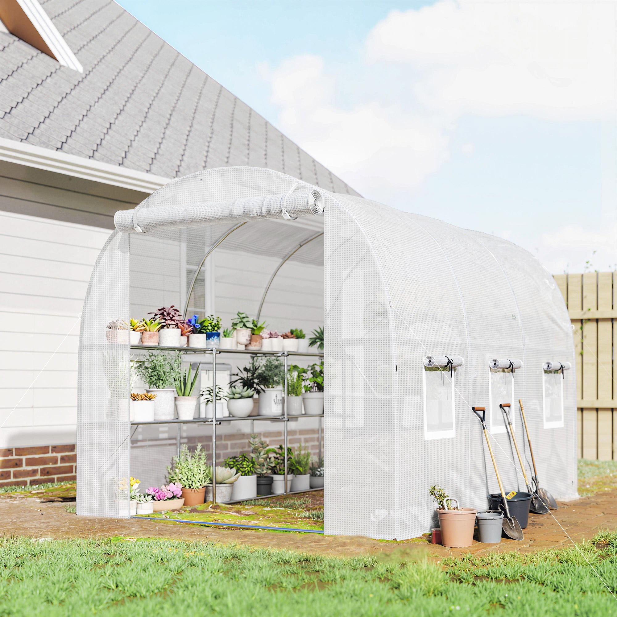 PE Tunnel Greenhouse with Shelves, Roll-Up Zip Door, 6 Mesh Windows, Support Bars, UV-Resistant Cover, Winter-Ready Tomato House, White (198 x 275 x 191 cm)