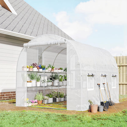 PE Tunnel Greenhouse with Shelves, Roll-Up Zip Door, 6 Mesh Windows, Support Bars, UV-Resistant Cover, Winter-Ready Tomato House, White (198 x 275 x 191 cm)