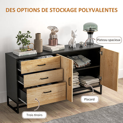 Living Room Buffet Storage Cabinet with Cupboard, 3 Drawers and Adjustable Shelf, Steel Legs, Aluminum Alloy Handles, for Living Room, Dining Room, dim. 140 x 35 x 75 cm, natural wood