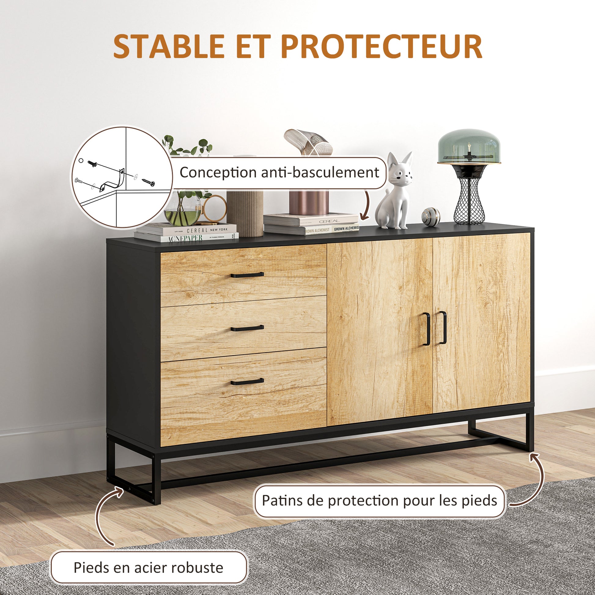 Living Room Buffet Storage Cabinet with Cupboard, 3 Drawers and Adjustable Shelf, Steel Legs, Aluminum Alloy Handles, for Living Room, Dining Room, dim. 140 x 35 x 75 cm, natural wood