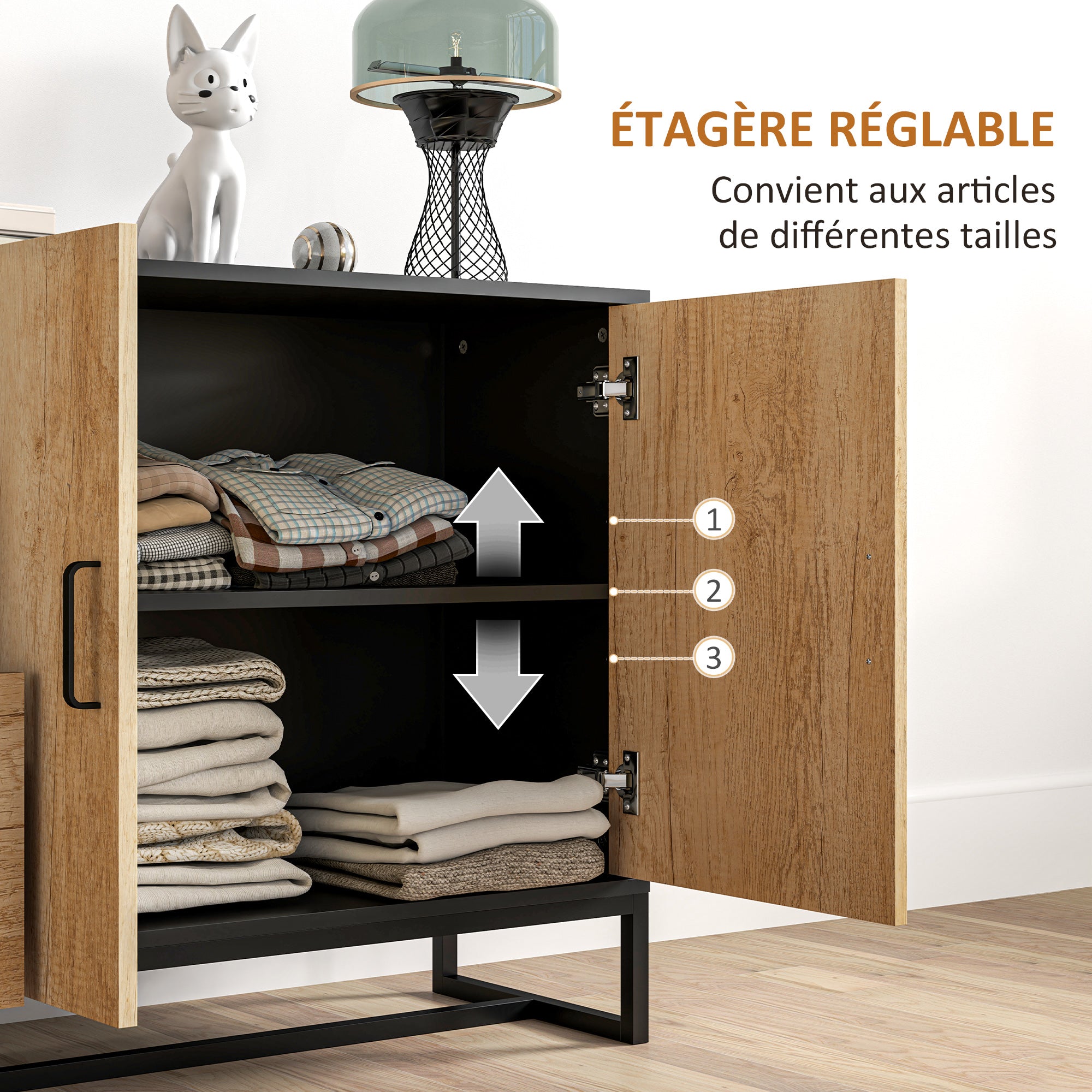 Living Room Buffet Storage Cabinet with Cupboard, 3 Drawers and Adjustable Shelf, Steel Legs, Aluminum Alloy Handles, for Living Room, Dining Room, dim. 140 x 35 x 75 cm, natural wood