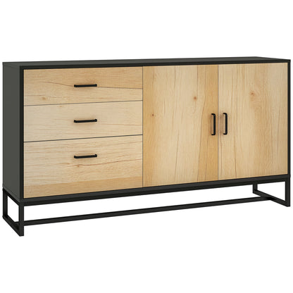 Living Room Buffet Storage Cabinet with Cupboard, 3 Drawers and Adjustable Shelf, Steel Legs, Aluminum Alloy Handles, for Living Room, Dining Room, dim. 140 x 35 x 75 cm, natural wood