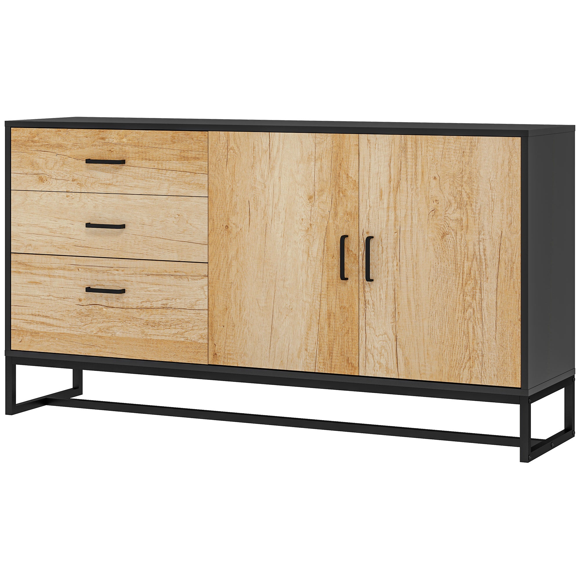 Living Room Buffet Storage Cabinet with Cupboard, 3 Drawers and Adjustable Shelf, Steel Legs, Aluminum Alloy Handles, for Living Room, Dining Room, dim. 140 x 35 x 75 cm, natural wood