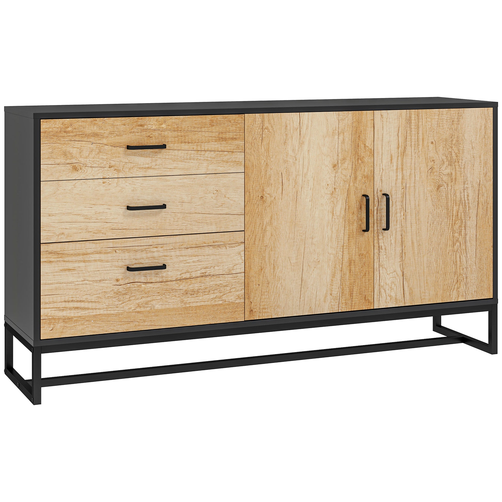 Living Room Buffet Storage Cabinet with Cupboard, 3 Drawers and Adjustable Shelf, Steel Legs, Aluminum Alloy Handles, for Living Room, Dining Room, dim. 140 x 35 x 75 cm, natural wood