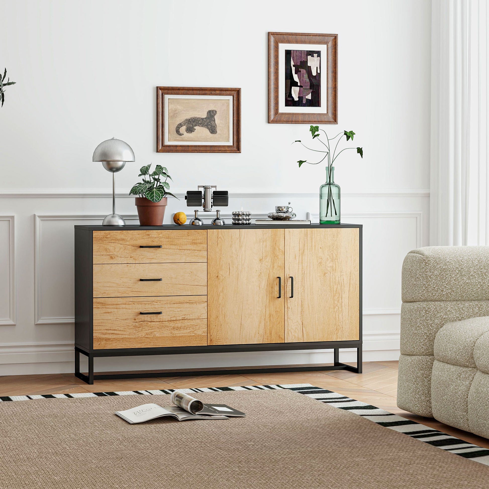 Living Room Buffet Storage Cabinet with Cupboard, 3 Drawers and Adjustable Shelf, Steel Legs, Aluminum Alloy Handles, for Living Room, Dining Room, dim. 140 x 35 x 75 cm, natural wood