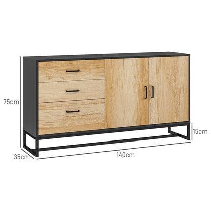 Living Room Buffet Storage Cabinet with Cupboard, 3 Drawers and Adjustable Shelf, Steel Legs, Aluminum Alloy Handles, for Living Room, Dining Room, dim. 140 x 35 x 75 cm, natural wood
