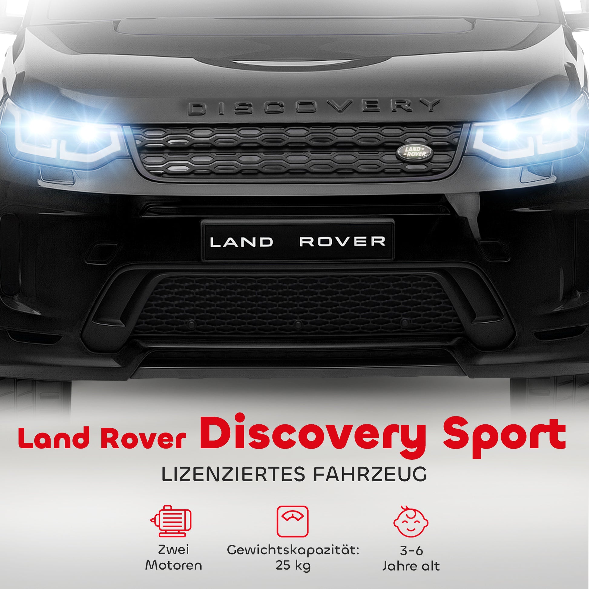 Kids Electric Car 12V Land Rover Discovery Sport Kids Car with 2.4G Remote Control, Music, Horn, Electric Vehicle with LED Lights, USB/MP3 Connection, 3-5 km/h, for Kids 3-6 Years, Black