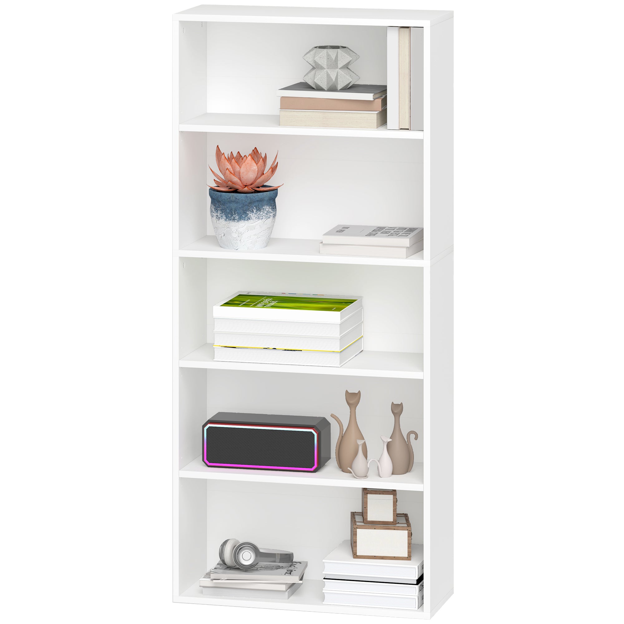 5-Tier Bookshelf with 3 Adjustable Shelves for Living Room Office Bedroom 60x24x133.5 cm White