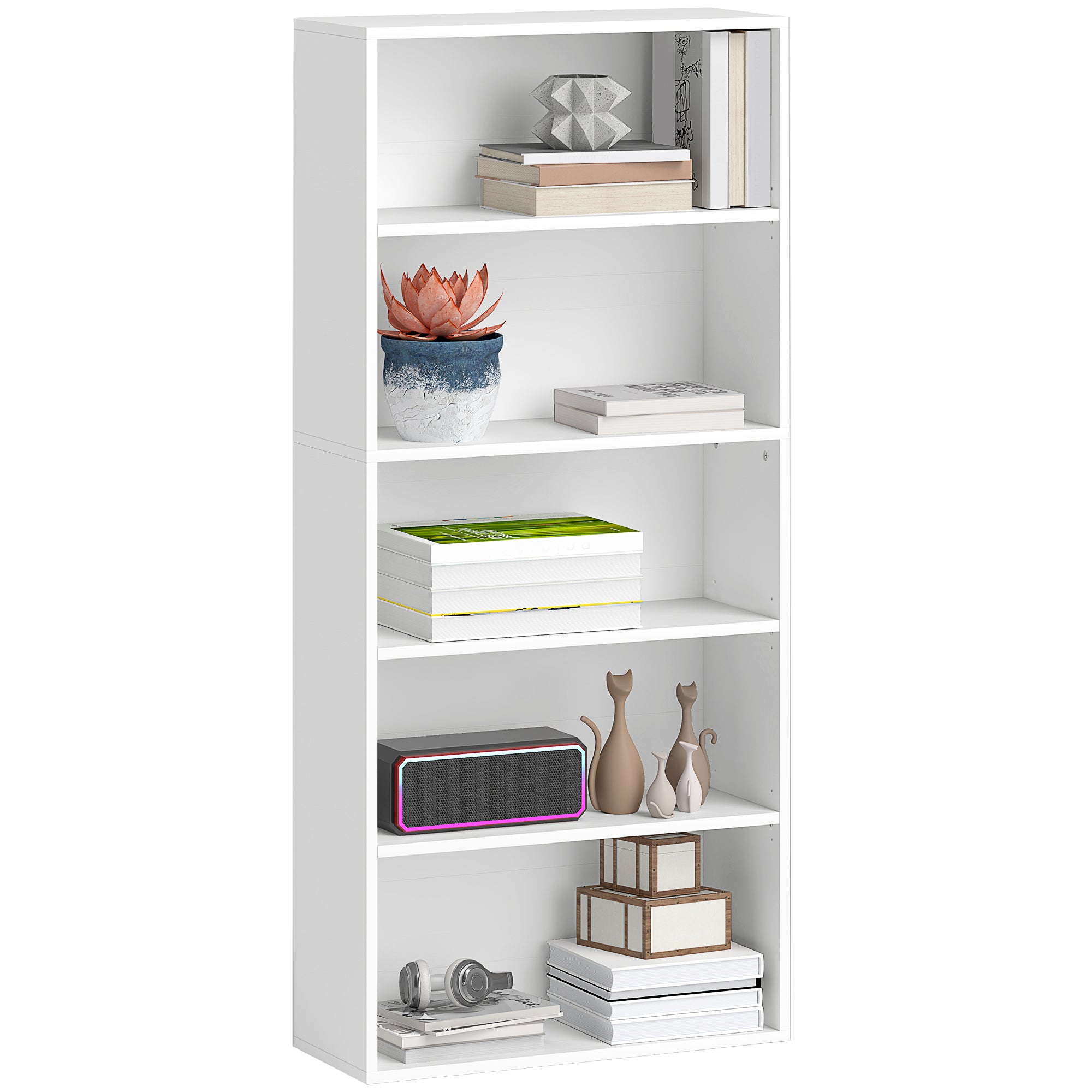 5-Tier Bookshelf with 3 Adjustable Shelves for Living Room Office Bedroom 60x24x133.5 cm White