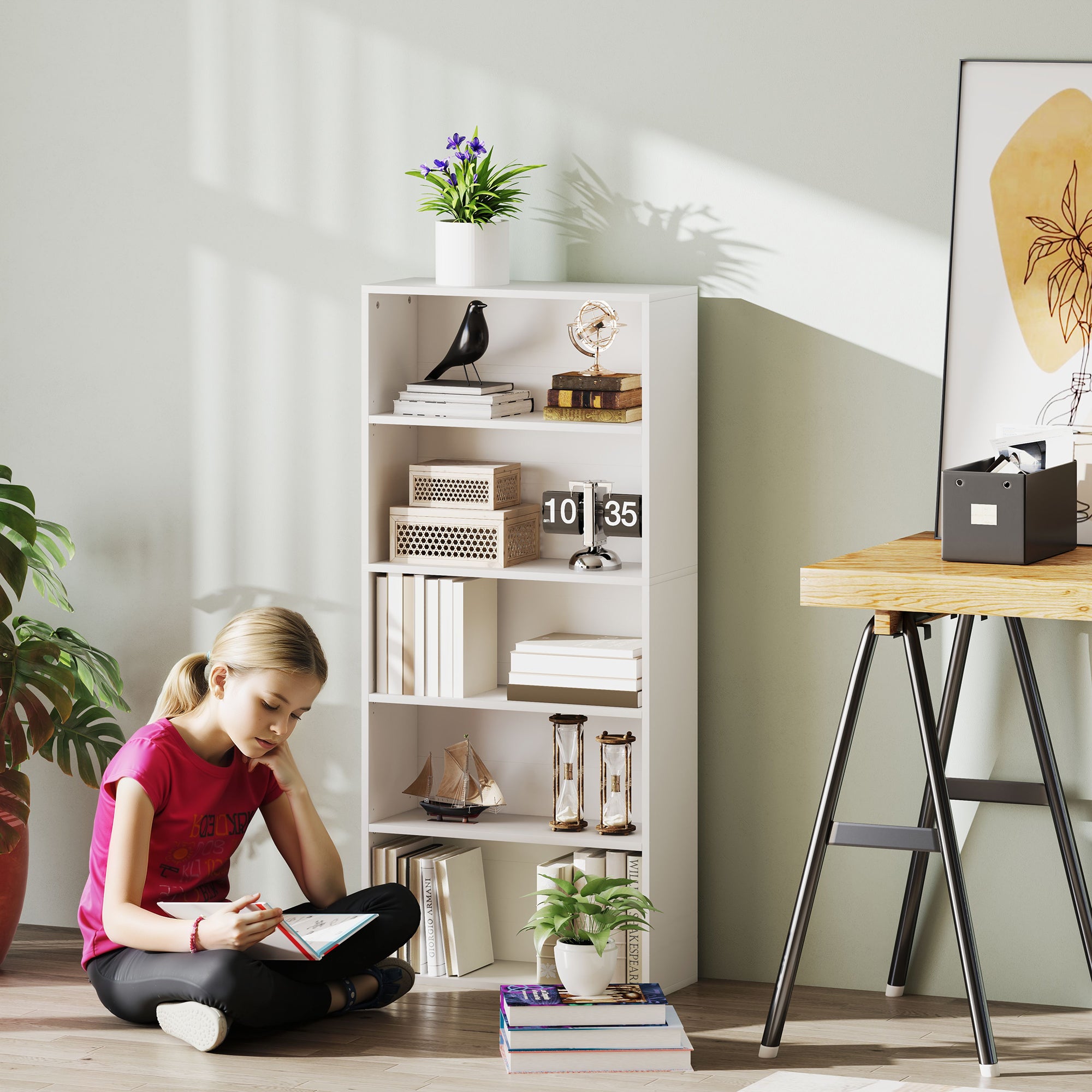 5-Tier Bookshelf with 3 Adjustable Shelves for Living Room Office Bedroom 60x24x133.5 cm White