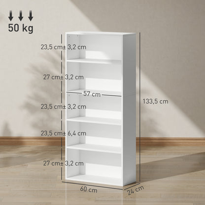 5-Tier Bookshelf with 3 Adjustable Shelves for Living Room Office Bedroom 60x24x133.5 cm White