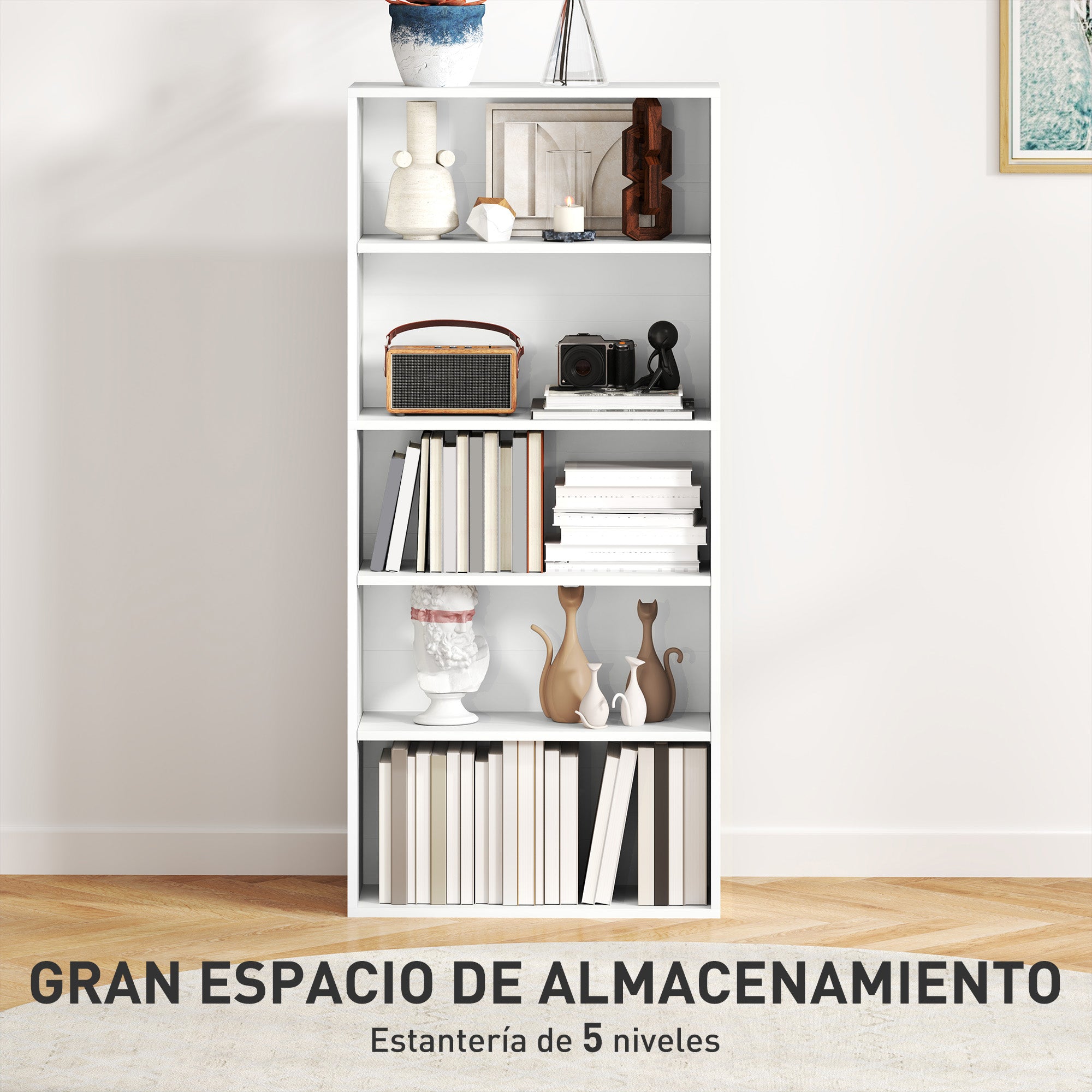 5-Tier Bookshelf with 3 Adjustable Shelves for Living Room Office Bedroom 60x24x133.5 cm White