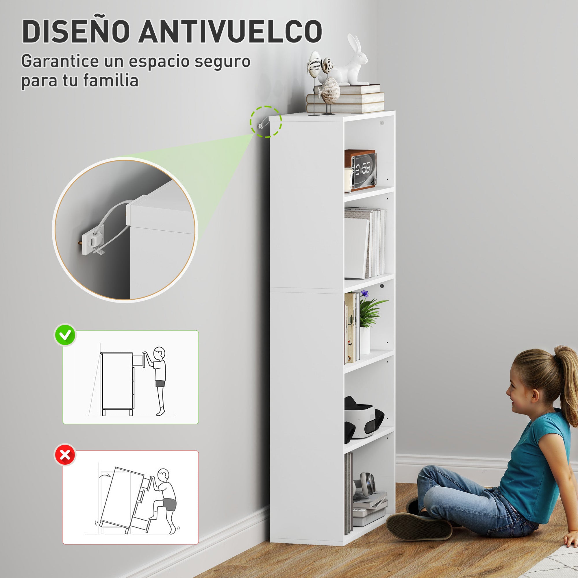 5-Tier Bookshelf with 3 Adjustable Shelves for Living Room Office Bedroom 60x24x133.5 cm White