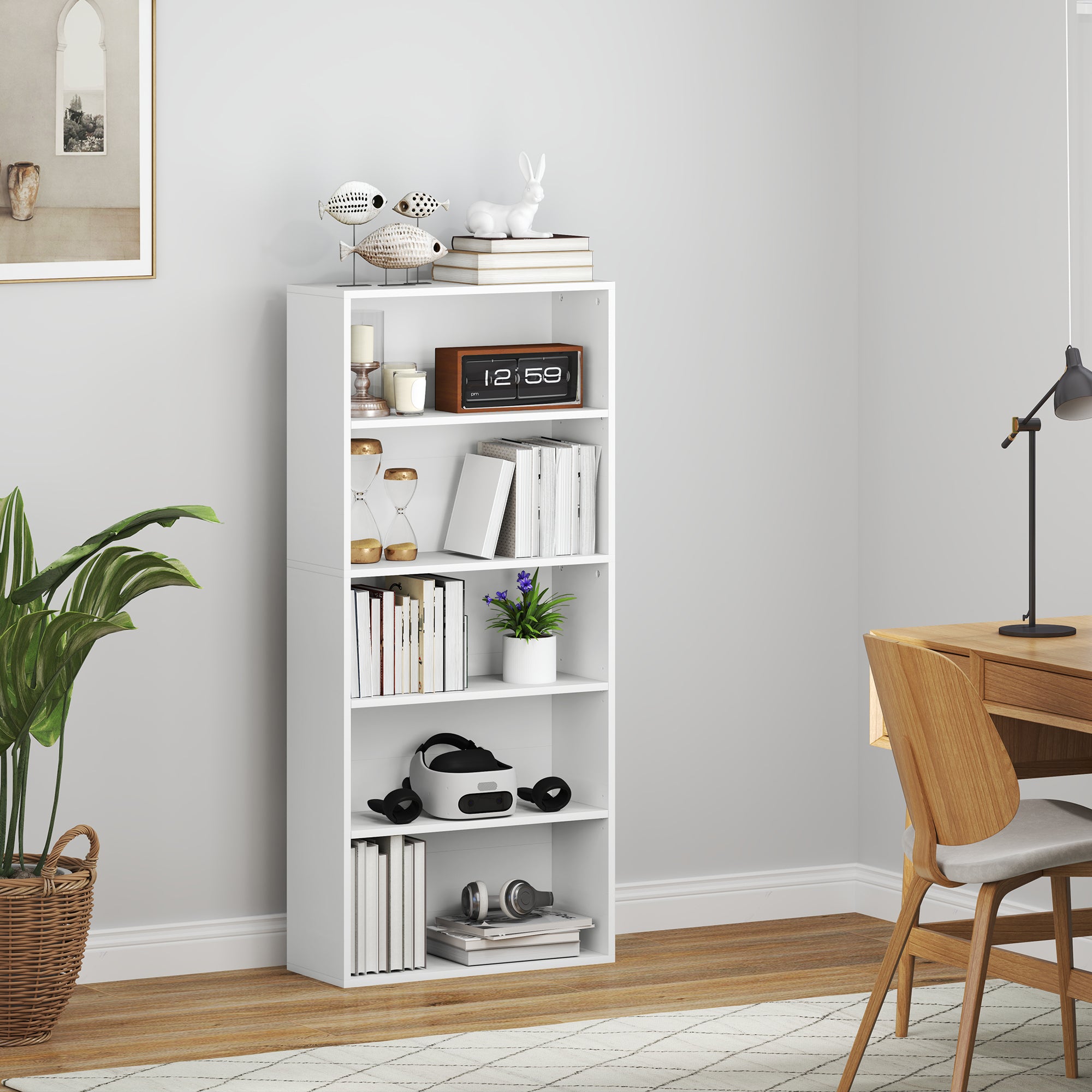 5-Tier Bookshelf with 3 Adjustable Shelves for Living Room Office Bedroom 60x24x133.5 cm White