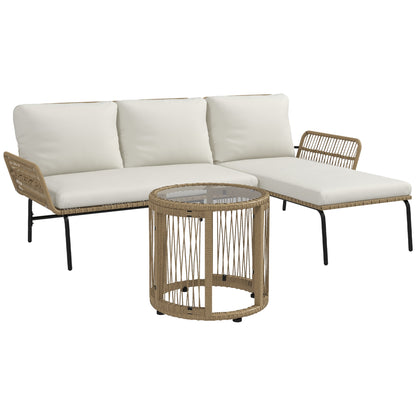 3-Piece Rattan Garden Furniture Set, Garden Set with Sun Lounger, Coffee Table, Loveseat, Garden Set with Seat Cushions, Balcony Furniture Set for Garden, Patio, Cream