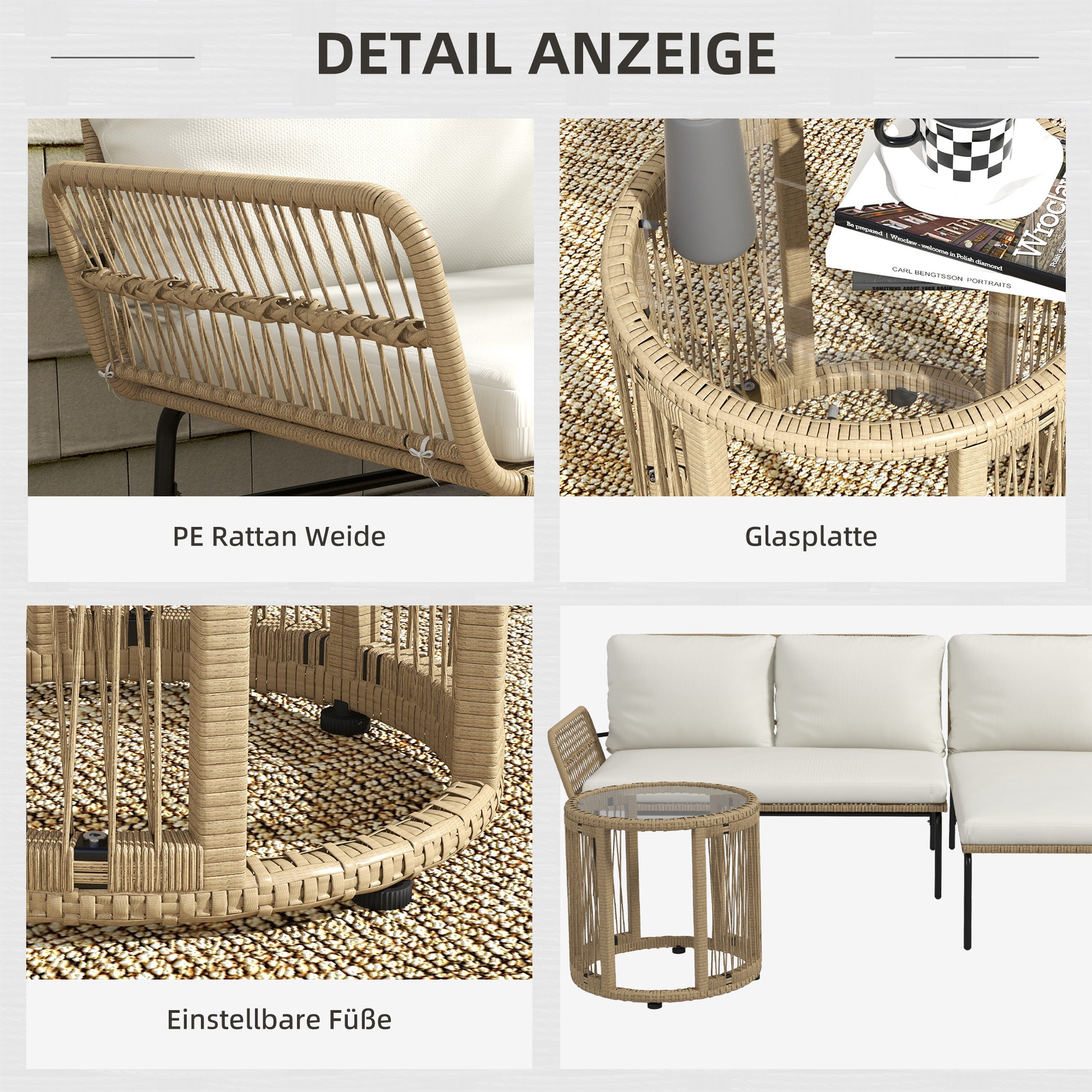 3-Piece Rattan Garden Furniture Set, Garden Set with Sun Lounger, Coffee Table, Loveseat, Garden Set with Seat Cushions, Balcony Furniture Set for Garden, Patio, Cream