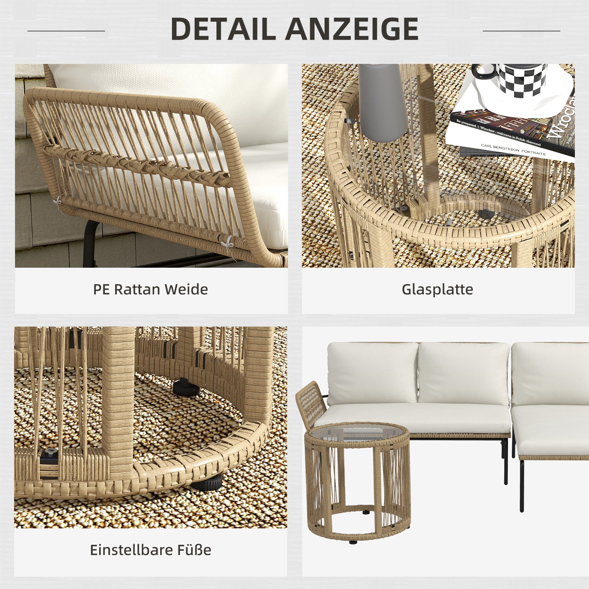 3-Piece Rattan Garden Furniture Set, Garden Set with Sun Lounger, Coffee Table, Loveseat, Garden Set with Seat Cushions, Balcony Furniture Set for Garden, Patio, Cream
