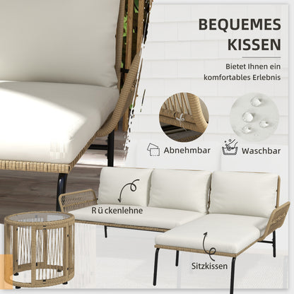 3-Piece Rattan Garden Furniture Set, Garden Set with Sun Lounger, Coffee Table, Loveseat, Garden Set with Seat Cushions, Balcony Furniture Set for Garden, Patio, Cream