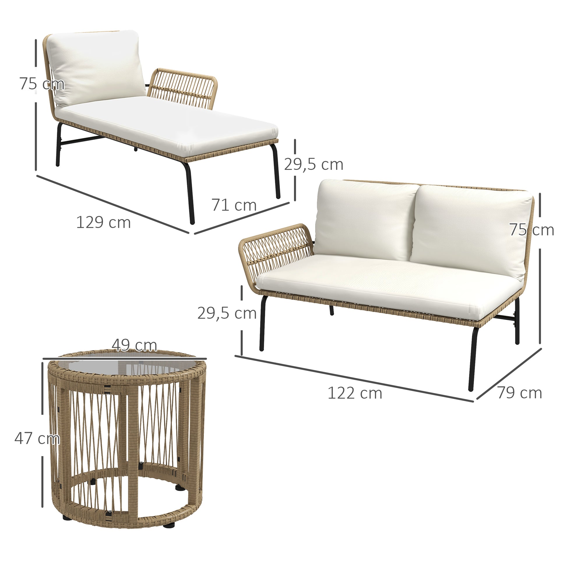 3-Piece Rattan Garden Furniture Set, Garden Set with Sun Lounger, Coffee Table, Loveseat, Garden Set with Seat Cushions, Balcony Furniture Set for Garden, Patio, Cream