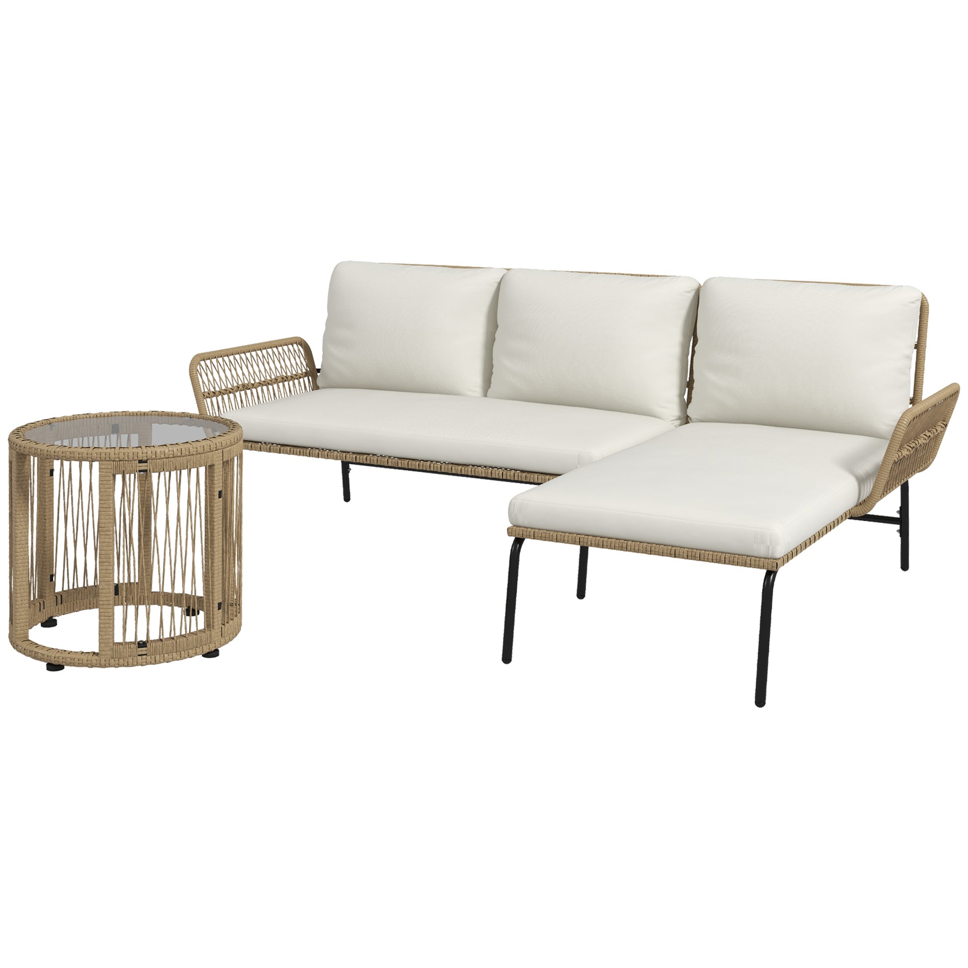 3-Piece Rattan Garden Furniture Set, Garden Set with Sun Lounger, Coffee Table, Loveseat, Garden Set with Seat Cushions, Balcony Furniture Set for Garden, Patio, Cream