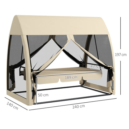 3-Seater Garden Swing Bench Convertible into Bed Swing Bench Outdoor with Mosquito Net Metal Structure Holds 300 kg 240x140x197 cm Beige