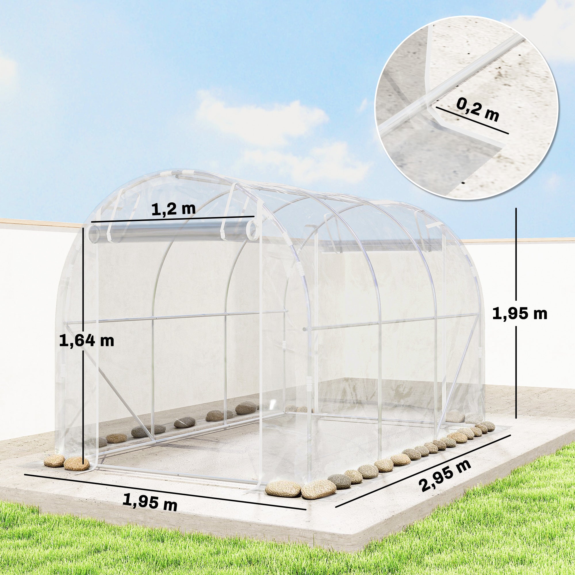 6 m² (≈64.6 sq ft) Tunnel Greenhouse — Galvanized Steel Frame, 150 gsm PE Cover, 2 Roll-Up Zipper Doors, 195×295×195 cm (76.8×116.1×76.8 in) — Clear