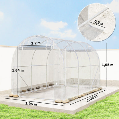 6 m² (≈64.6 sq ft) Tunnel Greenhouse — Galvanized Steel Frame, 150 gsm PE Cover, 2 Roll-Up Zipper Doors, 195×295×195 cm (76.8×116.1×76.8 in) — Clear