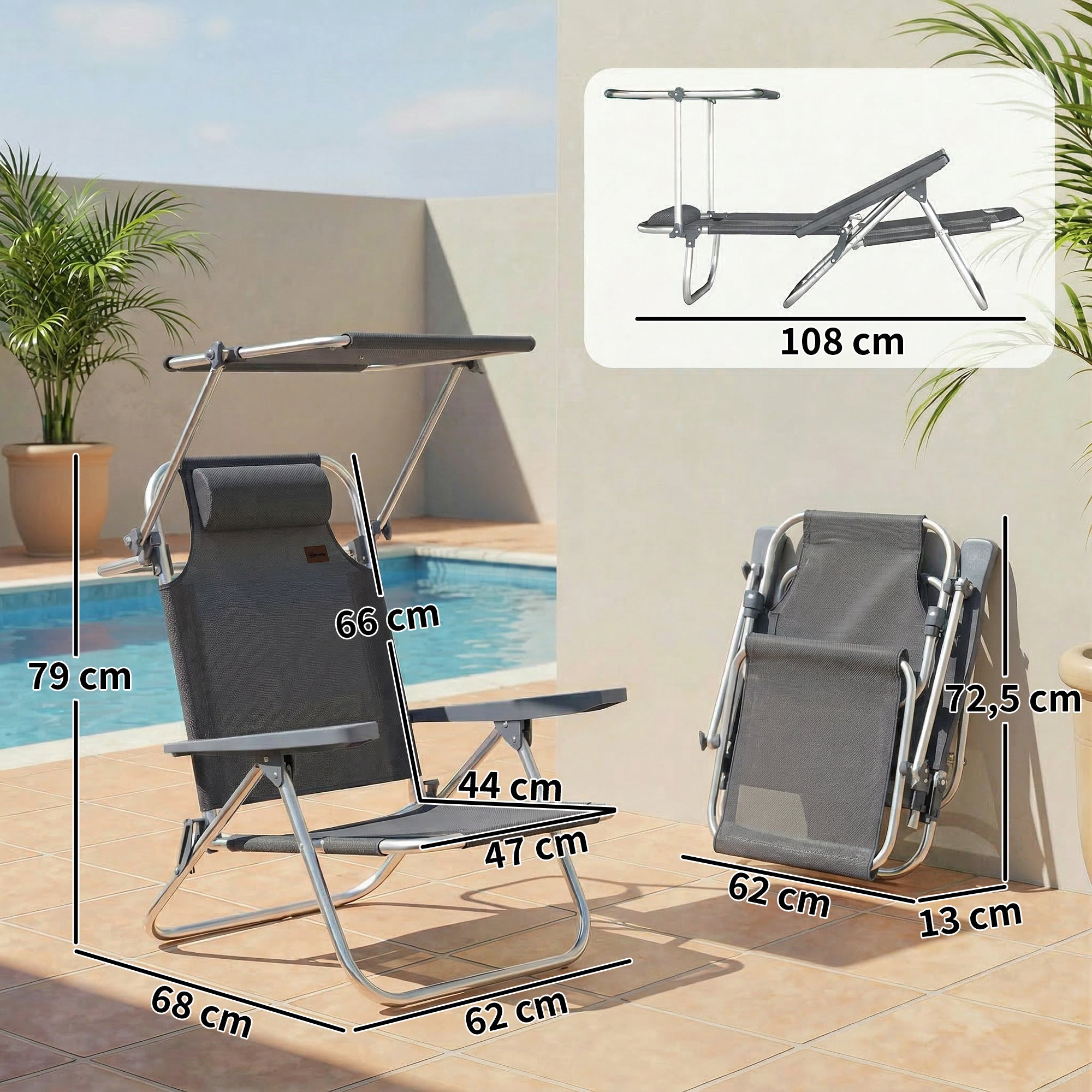 Folding Sun Lounger with Head Cushion & Adjustable Canopy, 6-Position Reclining Backrest, Camping/Garden Chair, Holds up to 265 lb (120 kg) – Dark Gray