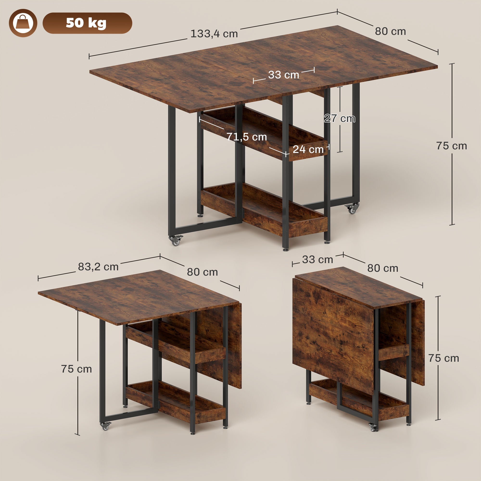 Folding Dining Table for 2-4 People with 2 Open Shelves, Kitchen Table with Wheels for Small Spaces, Dining Room, Kitchen 133.4 x 80 x 75 cm Rustic Brown