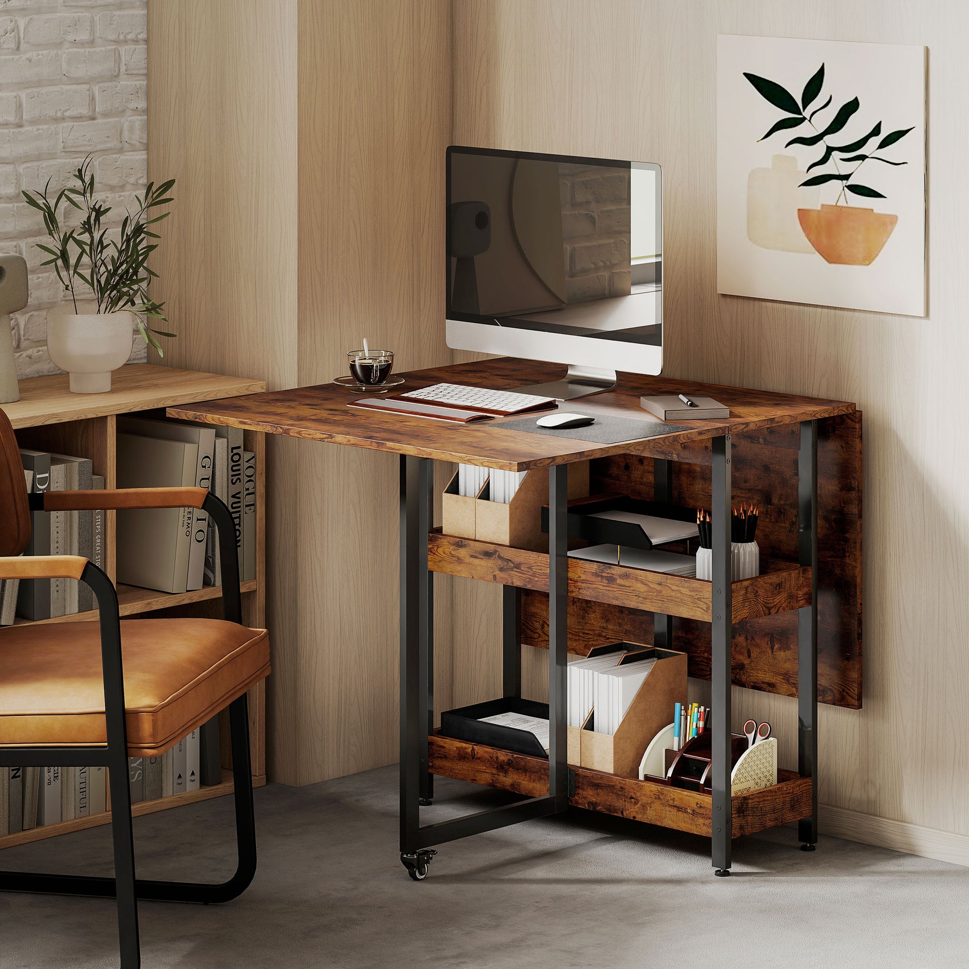 Folding Dining Table for 2-4 People with 2 Open Shelves, Kitchen Table with Wheels for Small Spaces, Dining Room, Kitchen 133.4 x 80 x 75 cm Rustic Brown