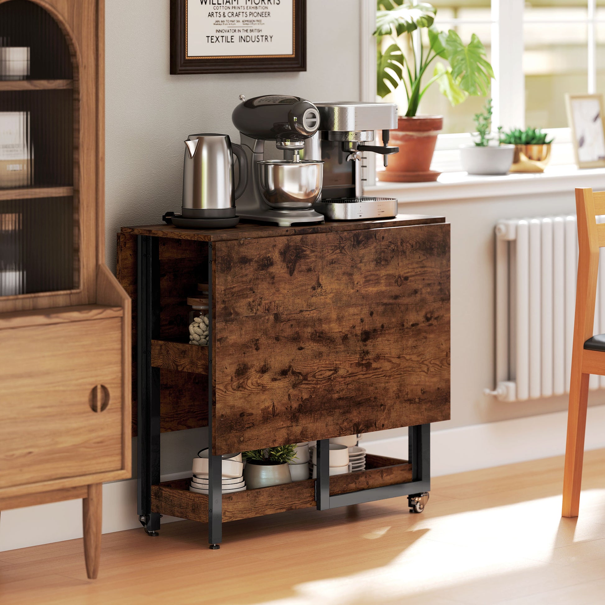 Folding Dining Table for 2-4 People with 2 Open Shelves, Kitchen Table with Wheels for Small Spaces, Dining Room, Kitchen 133.4 x 80 x 75 cm Rustic Brown