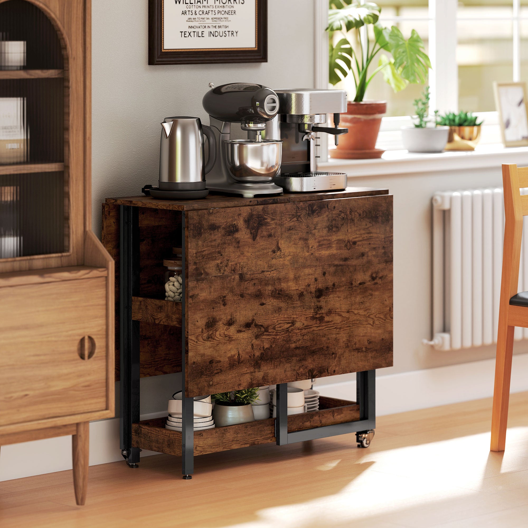 Folding Dining Table for 2-4 People with 2 Open Shelves, Kitchen Table with Wheels for Small Spaces, Dining Room, Kitchen 133.4 x 80 x 75 cm Rustic Brown