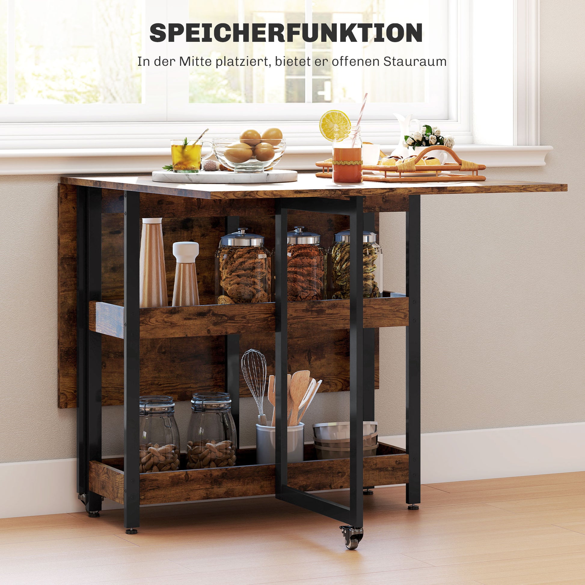 Folding Dining Table for 2-4 People with 2 Open Shelves, Kitchen Table with Wheels for Small Spaces, Dining Room, Kitchen 133.4 x 80 x 75 cm Rustic Brown
