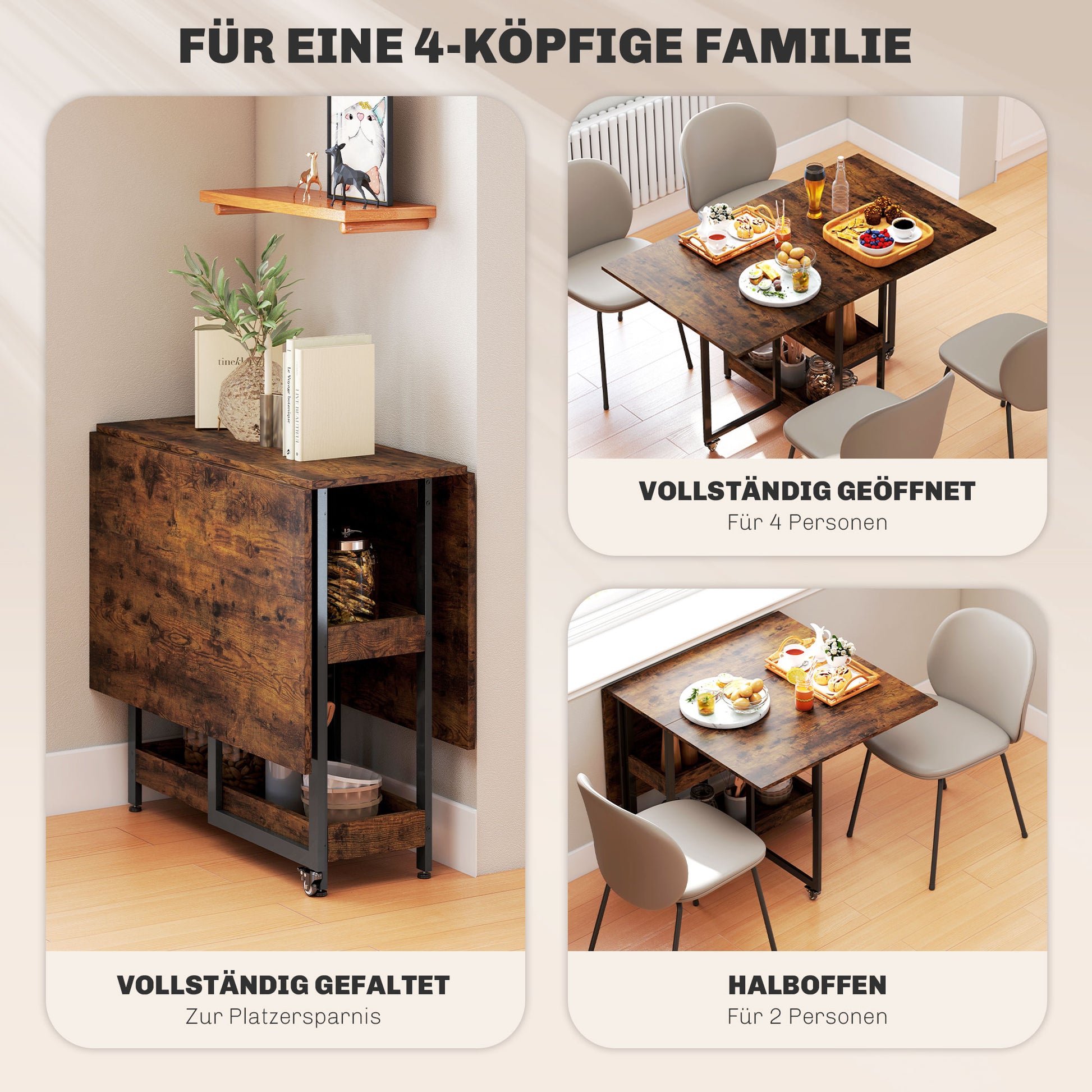 Folding Dining Table for 2-4 People with 2 Open Shelves, Kitchen Table with Wheels for Small Spaces, Dining Room, Kitchen 133.4 x 80 x 75 cm Rustic Brown