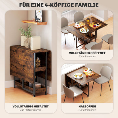 Folding Dining Table for 2-4 People with 2 Open Shelves, Kitchen Table with Wheels for Small Spaces, Dining Room, Kitchen 133.4 x 80 x 75 cm Rustic Brown
