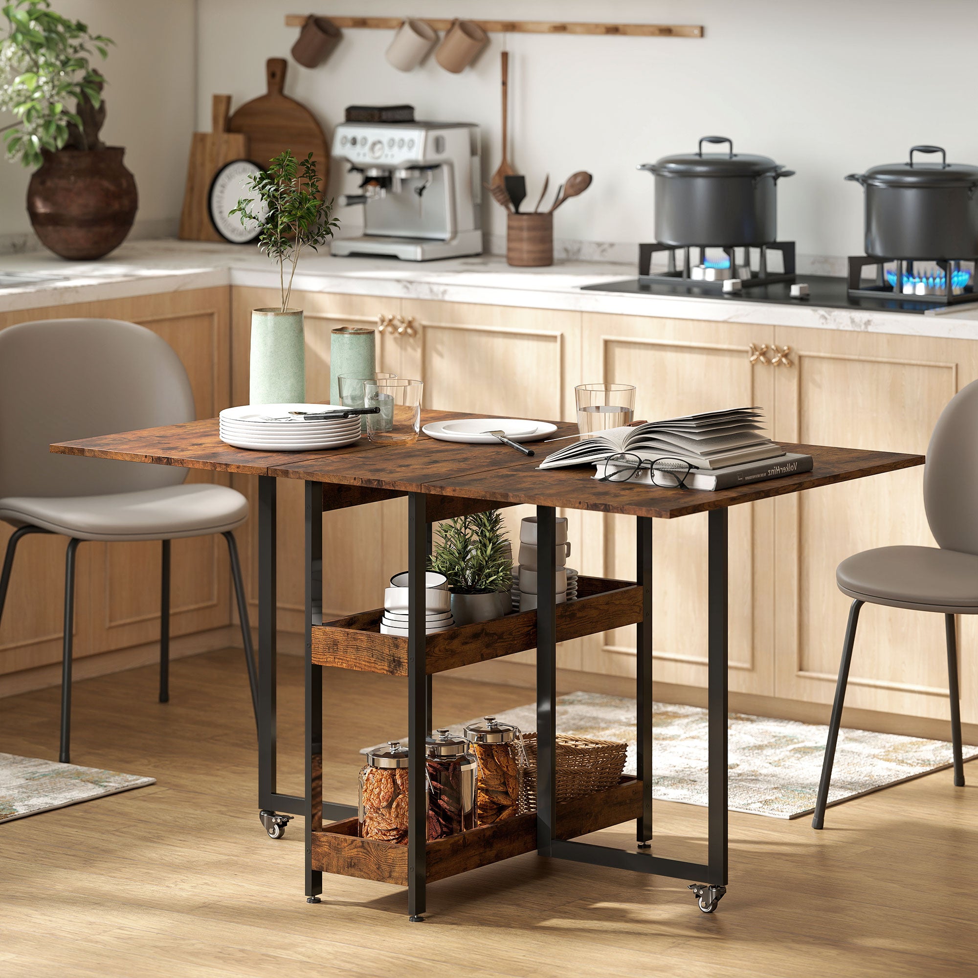 Folding Dining Table for 2-4 People with 2 Open Shelves, Kitchen Table with Wheels for Small Spaces, Dining Room, Kitchen 133.4 x 80 x 75 cm Rustic Brown