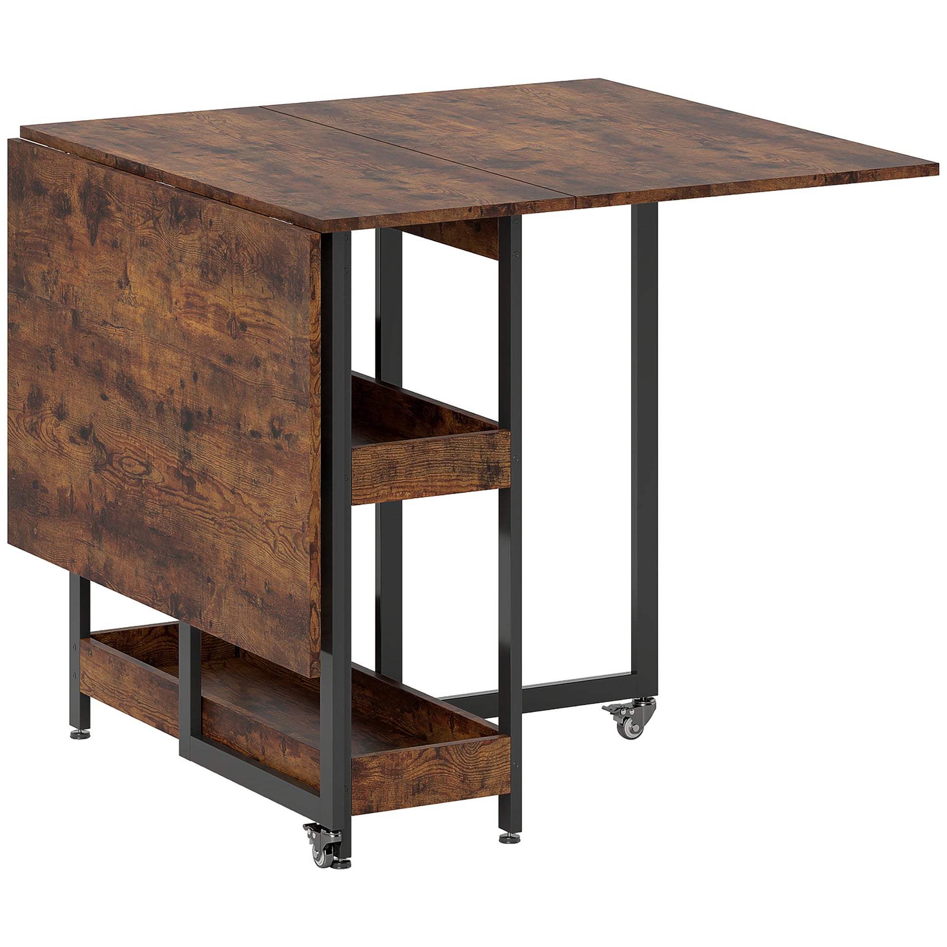 Folding Dining Table for 2-4 People with 2 Open Shelves, Kitchen Table with Wheels for Small Spaces, Dining Room, Kitchen 133.4 x 80 x 75 cm Rustic Brown