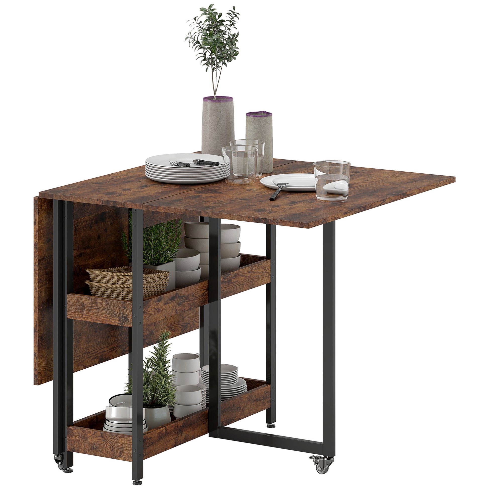 Folding Dining Table for 2-4 People with 2 Open Shelves, Kitchen Table with Wheels for Small Spaces, Dining Room, Kitchen 133.4 x 80 x 75 cm Rustic Brown
