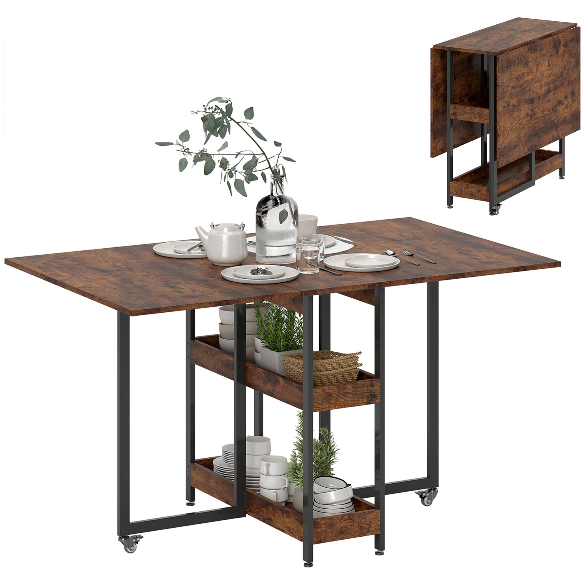 Folding Dining Table for 2-4 People with 2 Open Shelves, Kitchen Table with Wheels for Small Spaces, Dining Room, Kitchen 133.4 x 80 x 75 cm Rustic Brown