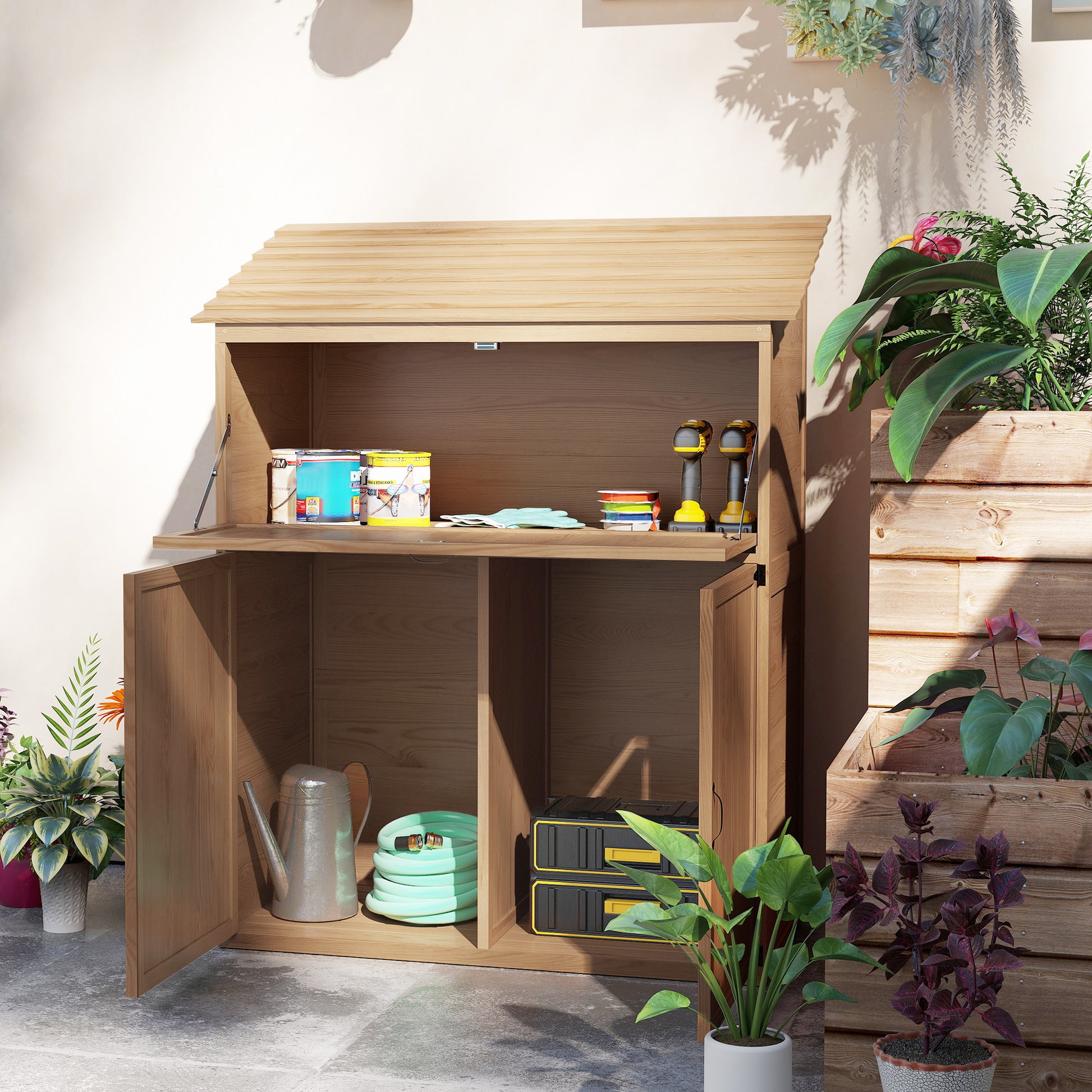 Wooden Garden Cabinet, Tool Shed with Stepped Roof Foldable Table Double Doors 110 x 54 x 136 cm, Weatherproof Storage Cabinet, Tool House Garden Shed for Garden, Patio, Natural Wood