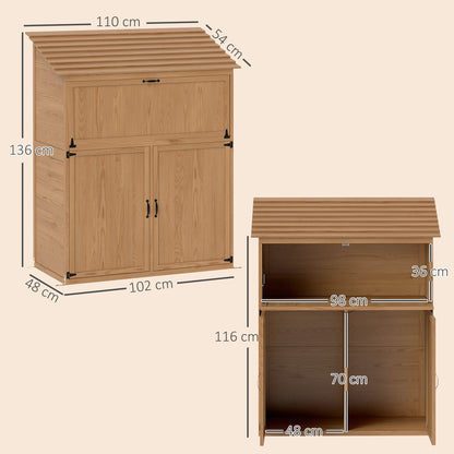 Wooden Garden Cabinet, Tool Shed with Stepped Roof Foldable Table Double Doors 110 x 54 x 136 cm, Weatherproof Storage Cabinet, Tool House Garden Shed for Garden, Patio, Natural Wood