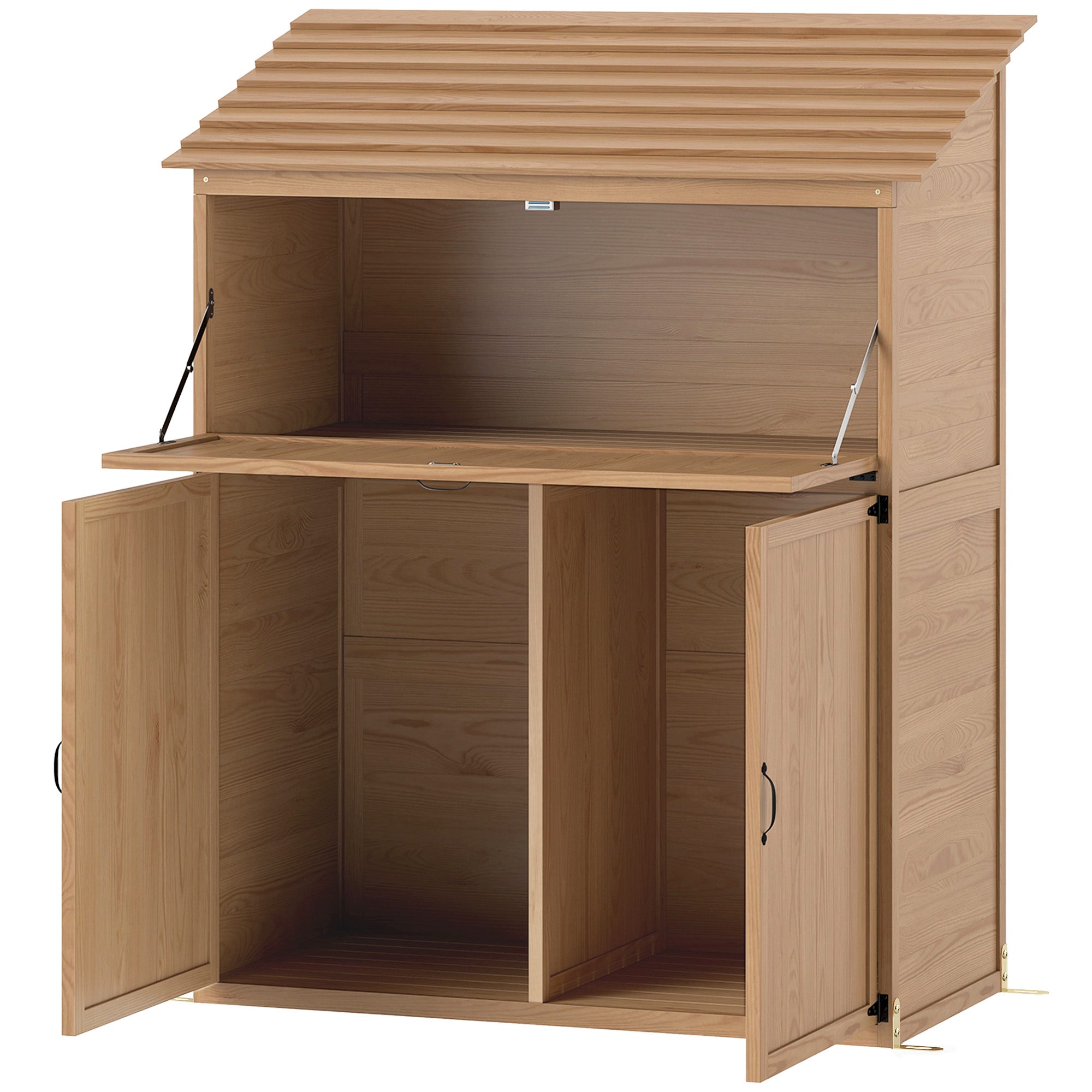Wooden Garden Cabinet, Tool Shed with Stepped Roof Foldable Table Double Doors 110 x 54 x 136 cm, Weatherproof Storage Cabinet, Tool House Garden Shed for Garden, Patio, Natural Wood