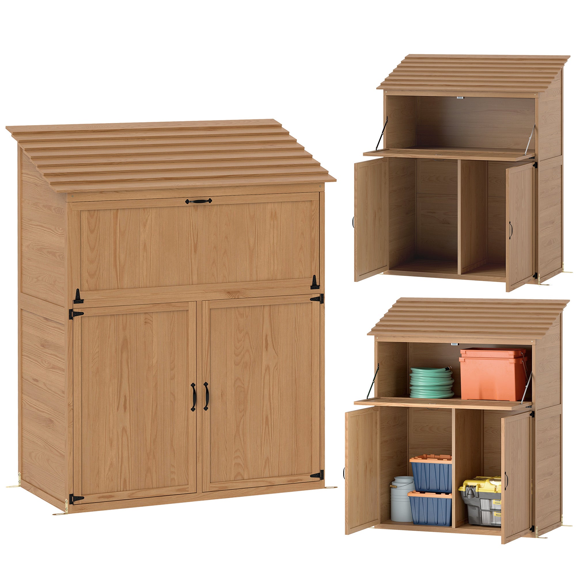 Wooden Garden Cabinet, Tool Shed with Stepped Roof Foldable Table Double Doors 110 x 54 x 136 cm, Weatherproof Storage Cabinet, Tool House Garden Shed for Garden, Patio, Natural Wood
